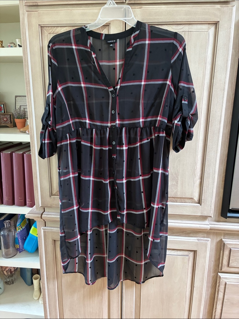 torrid Black Plaid Button-Front Babydoll tunic top with Red & White Accents